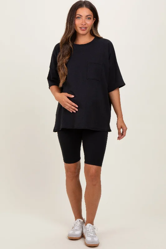 Black Oversized Short Sleeve Biker Short Maternity Set