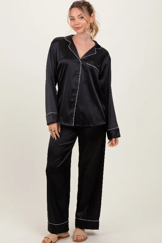 Black Satin Contrast Trim Long Sleeve Pajama Set