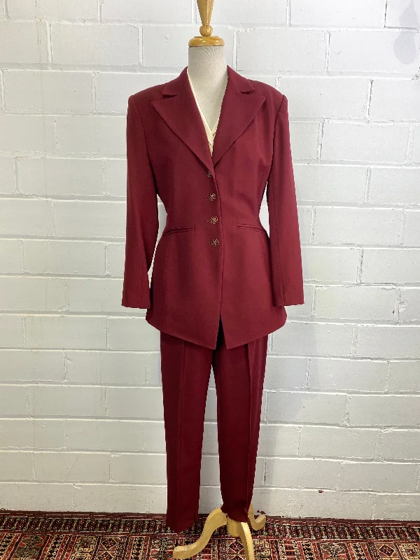 Vintage 1980s Sophie Sitbon Burgundy Wool Pant Suit, Tapered Leg, W29"