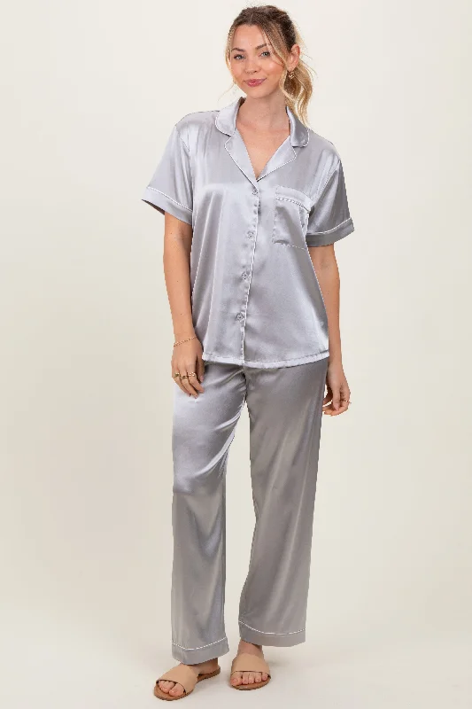 Silver Satin Contrast Trim Pajama Set