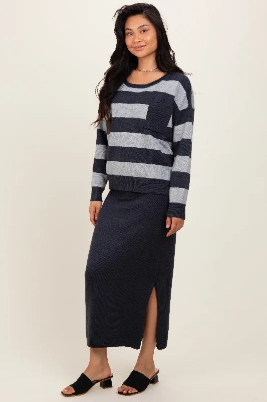 Navy Striped Sweater And Fitted Midi Skirt Set