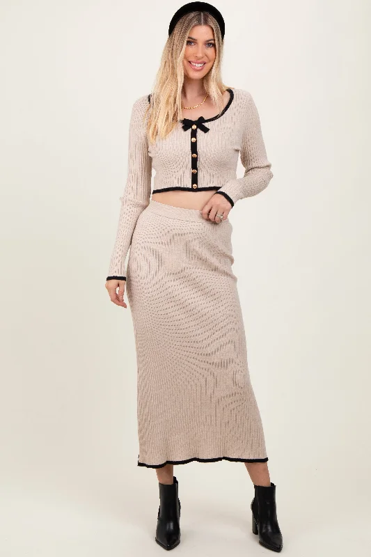 Cream Contrast Bow Ribbed Knit Crop Top And Midi Skirt Set