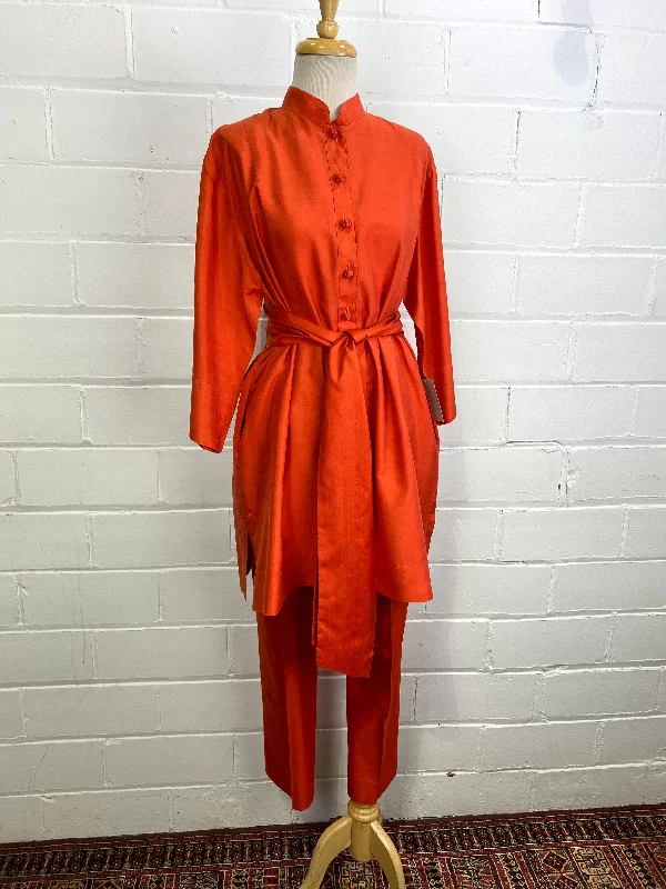 Vintage 1970s Orange Raw Silk Tunic & Pant Set with Sash Belt, W35"