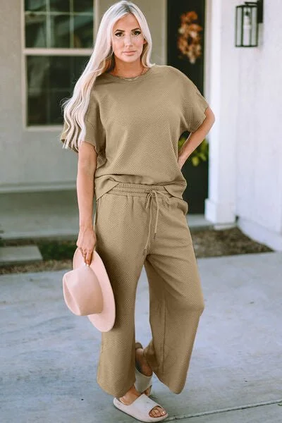 Textured Short Sleeve Top and Pants Set