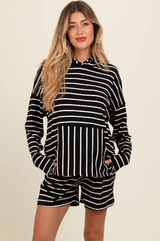 Black Cozy Striped Ribbed Two-Piece Maternity Lounge Set