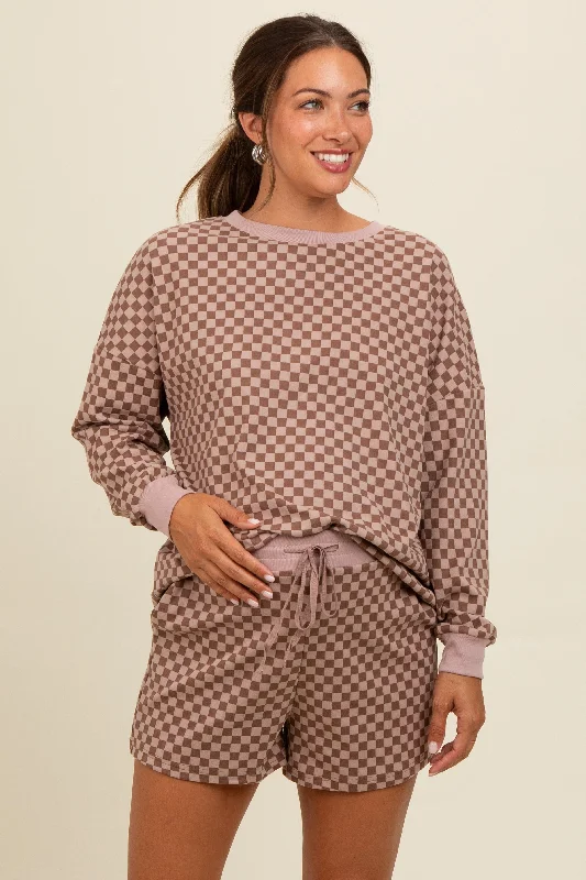 Mocha Checkered Plaid Pullover Shorts Maternity Set