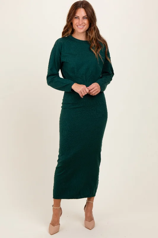 Forest Green Knit Midi Skirt Sweater Set