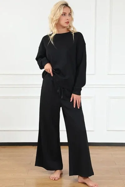 Textured Long Sleeve Top and Pants Set