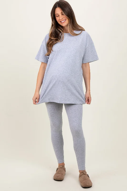 Heather Grey Oversized Crewneck Short Sleeve and Legging Maternity Set