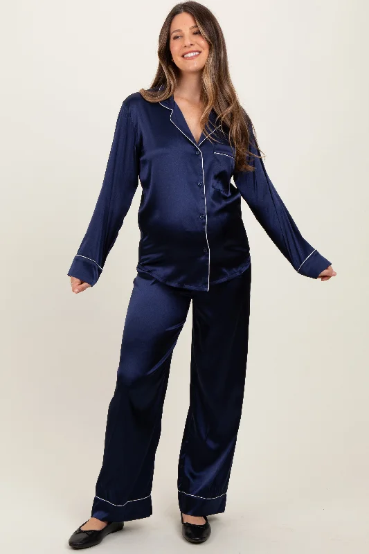 Navy Satin Contrast Trim Long Sleeve Maternity Pajama Set