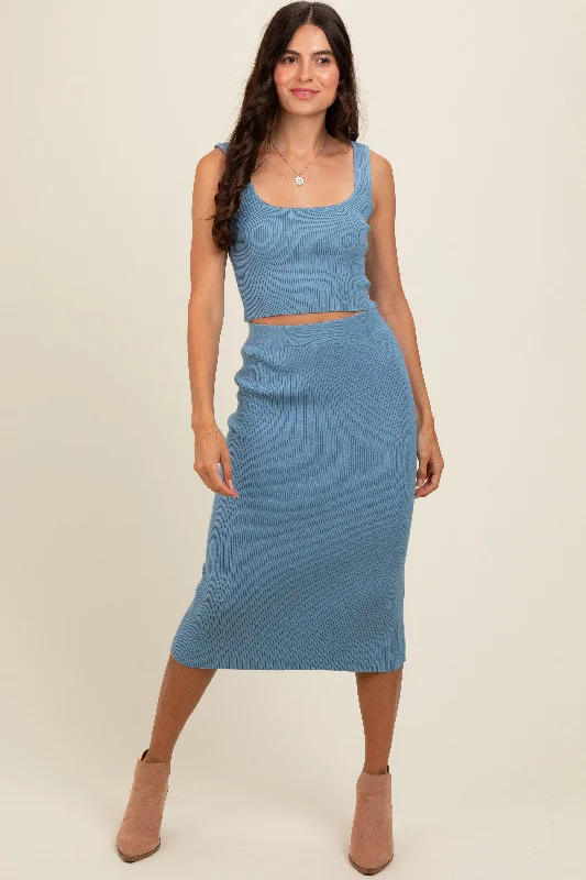 Blue Ribbed Square Neck Sleeveless Crop Skirt Set