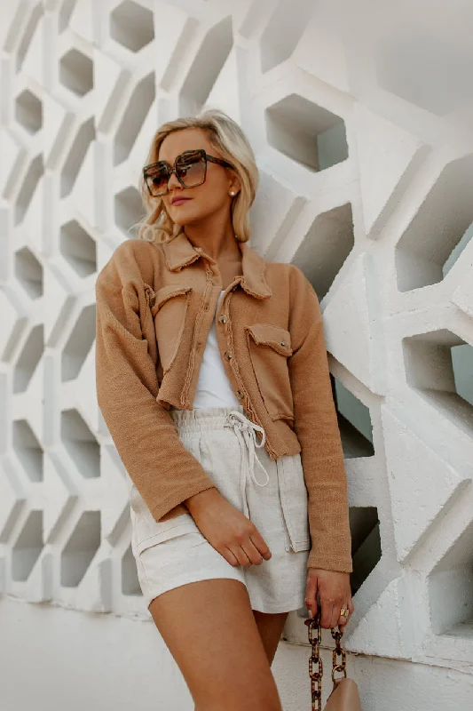 IN DEMAND CROPPED SHIRT SHACKET IN CAMEL