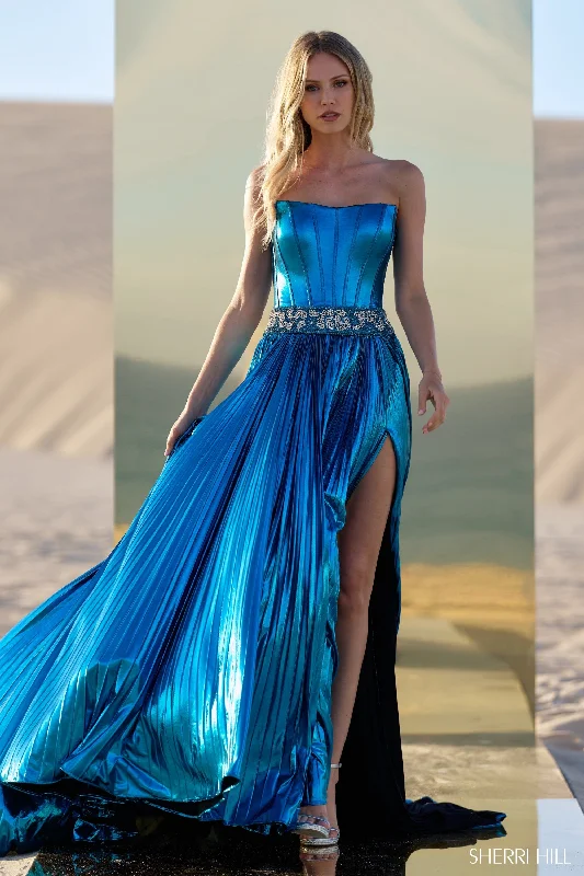 Sherri Hill 56522 Metallic Strapless Gown with Beaded Waistband and Pleated Skirt Slit