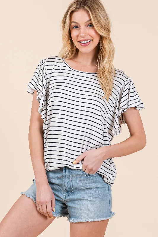 Ivory Striped Ruffle Sleeve Top