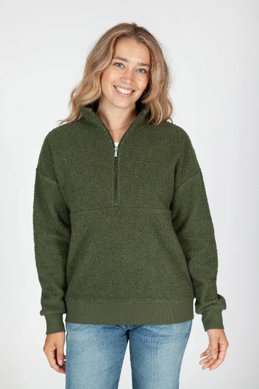 Steph Teddy Sherpa Half Zip Pullover in Winter Moss