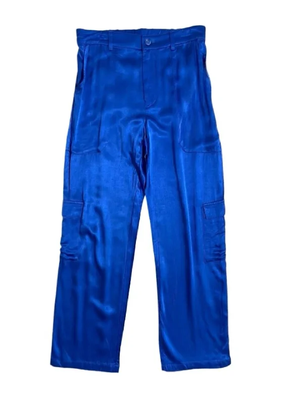 Women's Satin Cargo Pants In Blue