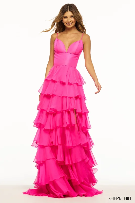 Sherri Hill 56108 V-Neck Neckline A-Line Chiffon Taffeta Evening Gown