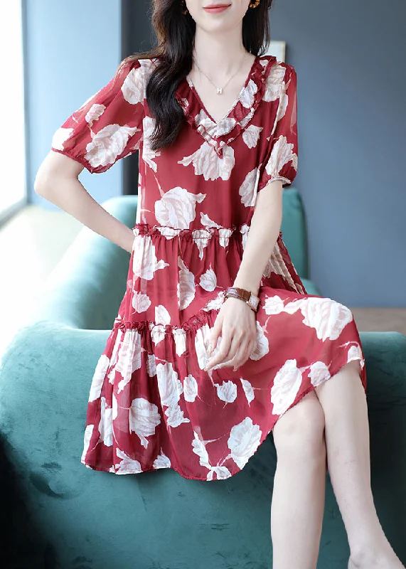 Vogue Red V Neck Print Ruffled Wrinkled Chiffon Mid Dresses Short Sleeve