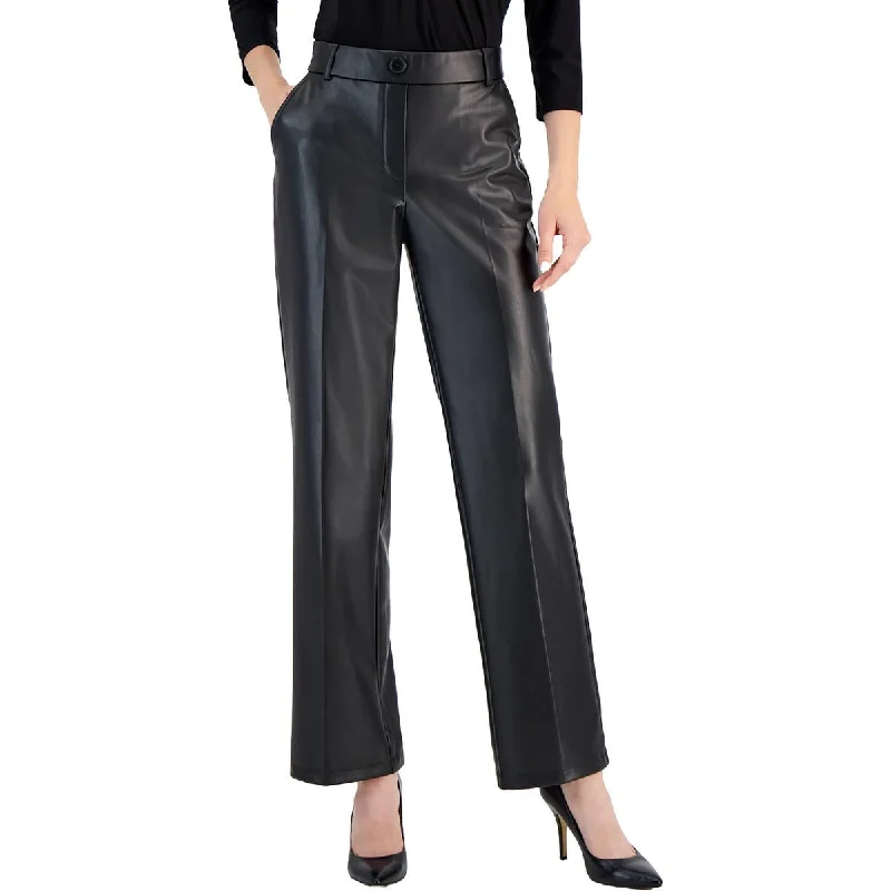 Petites Womens High Rise Faux Leather Wide Leg Pants