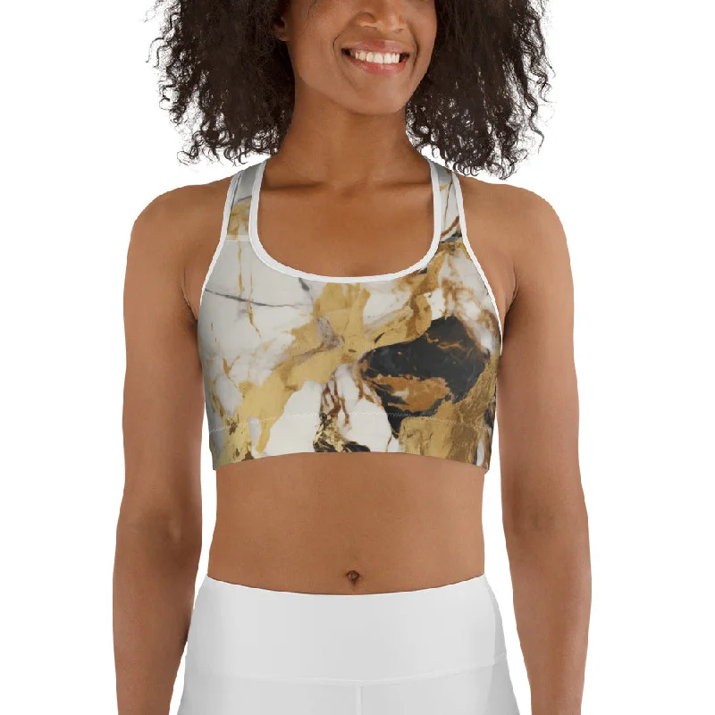 White & Gold Marble Sports Bra