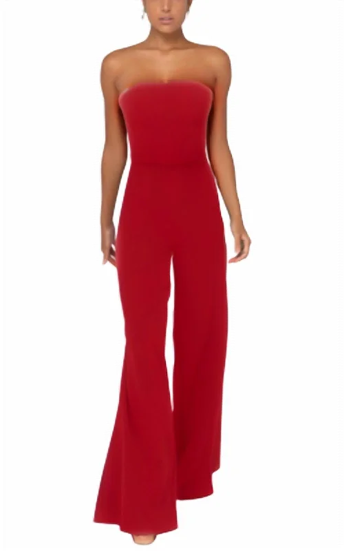 Strapless Crepe Wide Leg Jumpsuit In Bright Red