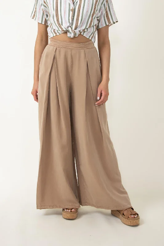 Pintucked Flowy Wide Leg Pants for Women in Taupe | MAP2181-TAN