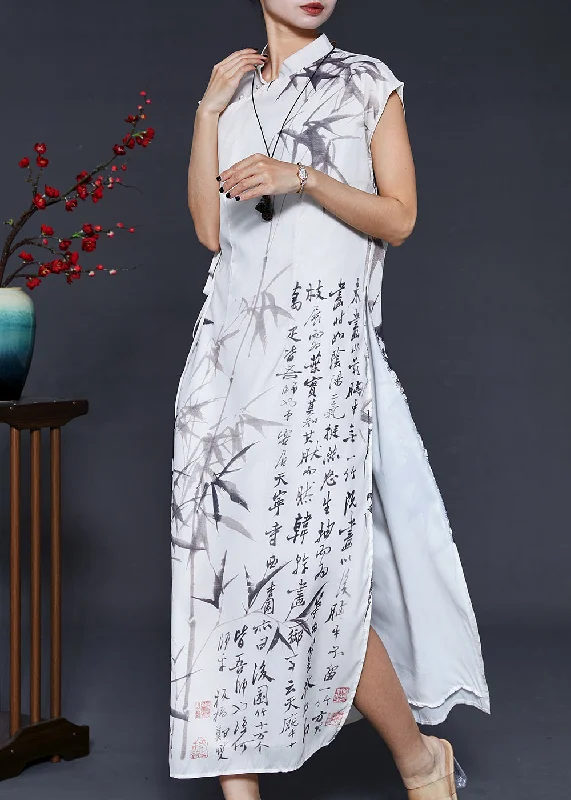 Vintage White Print Chiffon Vacation Dresses Cheongsam Sleeveless