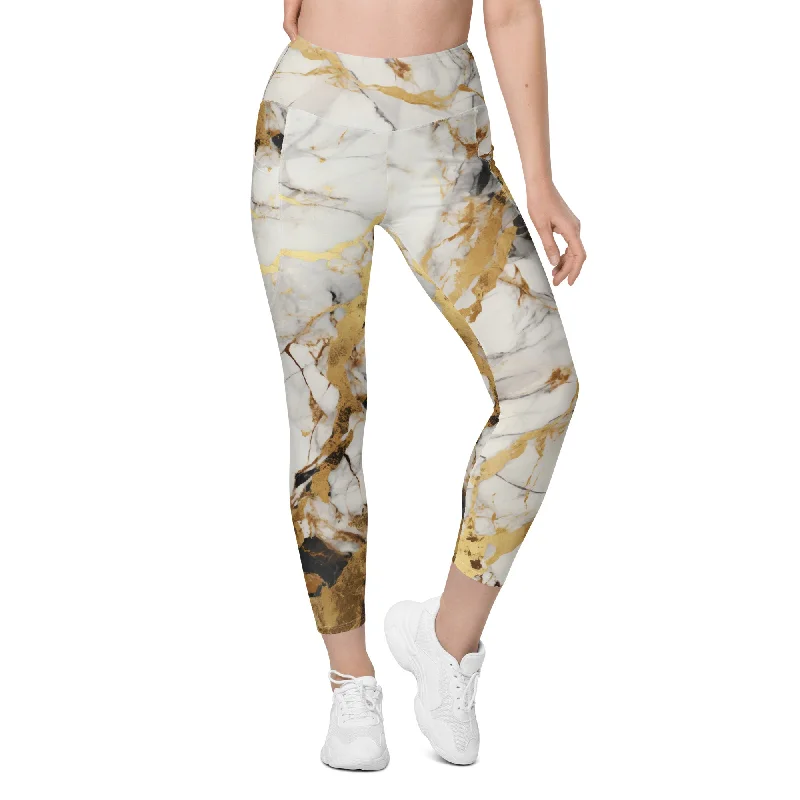 White & Gold Marble Leggings With Pockets