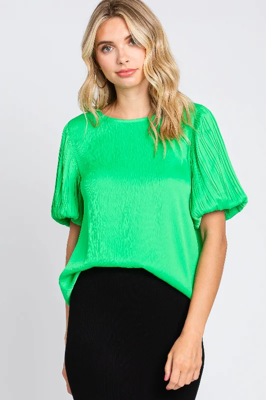 Green Satin Pleated Puff Short Sleeve Blouse