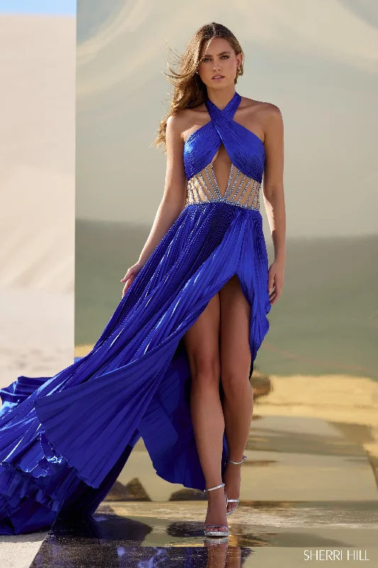 Sherri Hill 56473 Charmeuse Pleated Gown with Criss Cross Neckline, Beaded Waistband and Skirt Slit