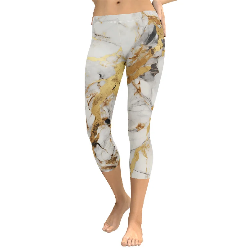 White & Gold Marble Capris