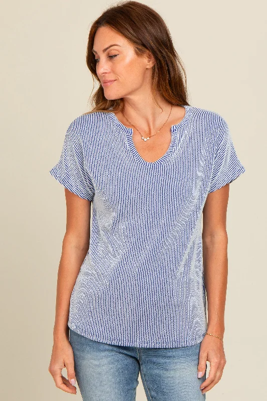 Royal Blue Ribbed Split Neckline Short Sleeve Top