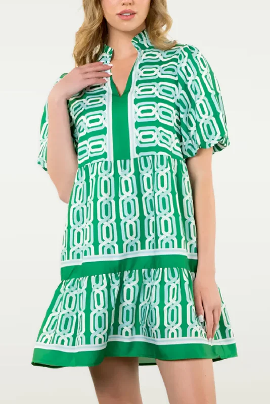 Bright Green Abstract Print V-Neck Puff Sleeve Mini Dress