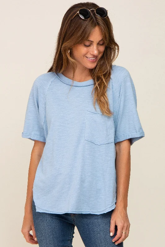 Light Blue Front Pocket Raw Edge Trim Short Sleeve Top