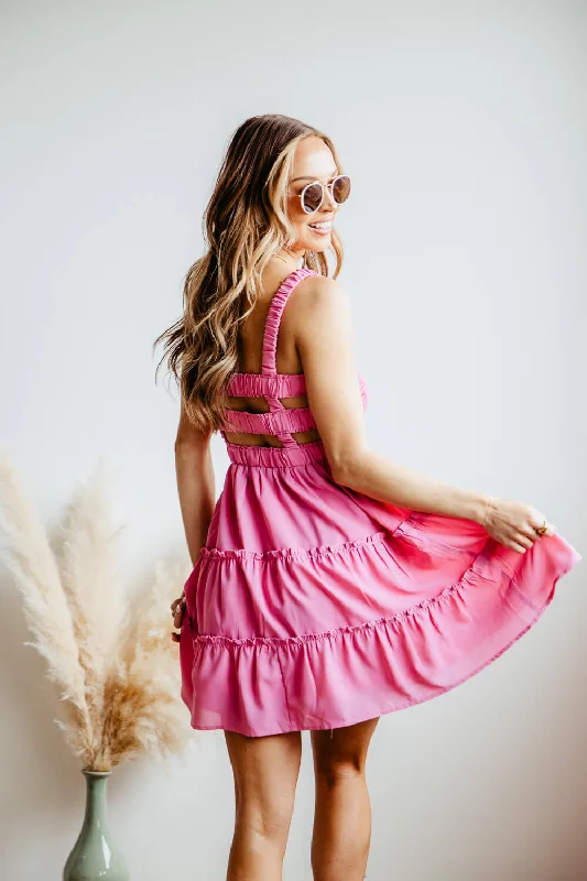 Open Back Elastic Band Mini Dress for Women in Pink | ND30140-FONDANTPINK