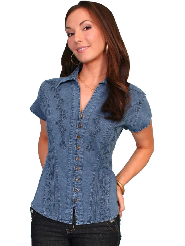 Scully Cantina Womens Dark Blue 100% Cotton Cap Sleeve Vine Blouse